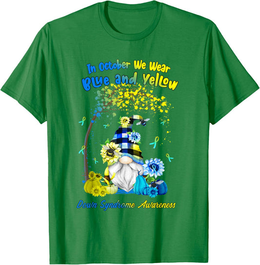 In October We Wear Blue Yellow Down Syndrome Awareness Gnome T-Shirt - T-Shirt | Irish Green