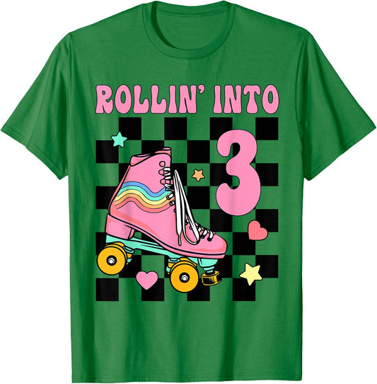 Rolling Into 3 Years Old Roller Skating Girl 3rd Birthday T-Shirt - T-Shirt | Irish Green