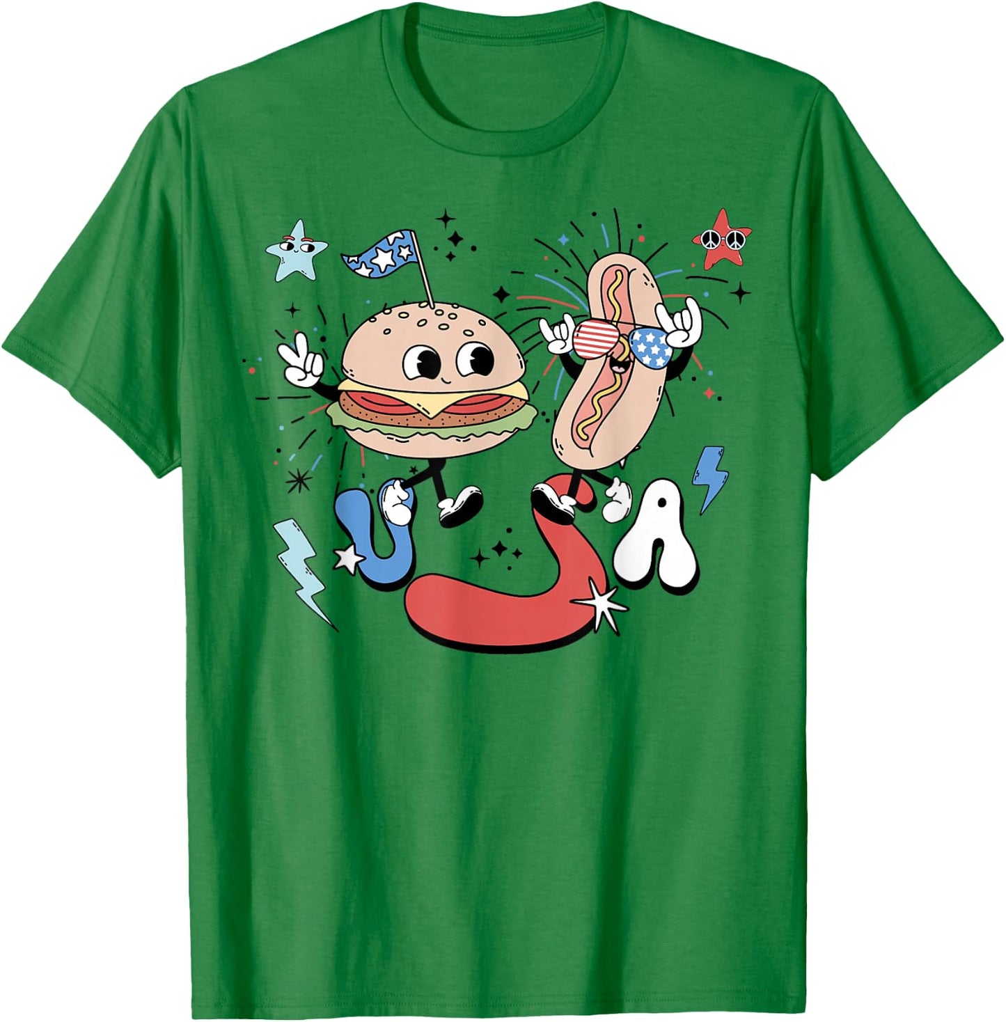 Retro USA Groovy 4th Of July Funny Hot Dog Hamburger US Flag T-Shirt - T-Shirt | Irish Green
