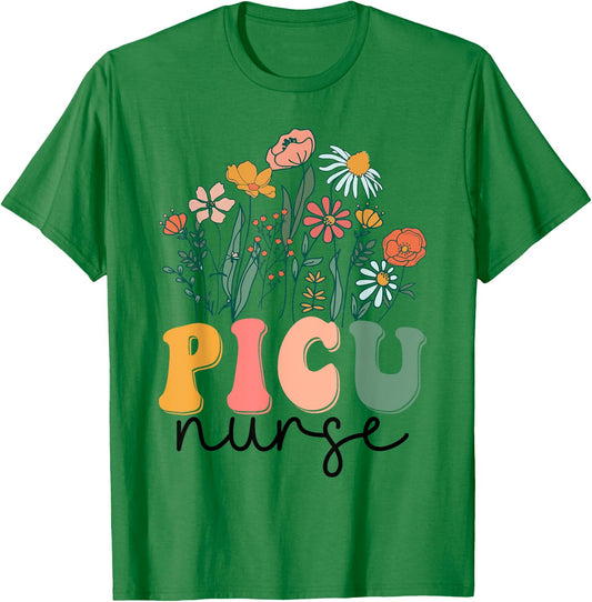 Groovy Wildflower Picu Nurse T-Shirt - T-Shirt | Irish Green