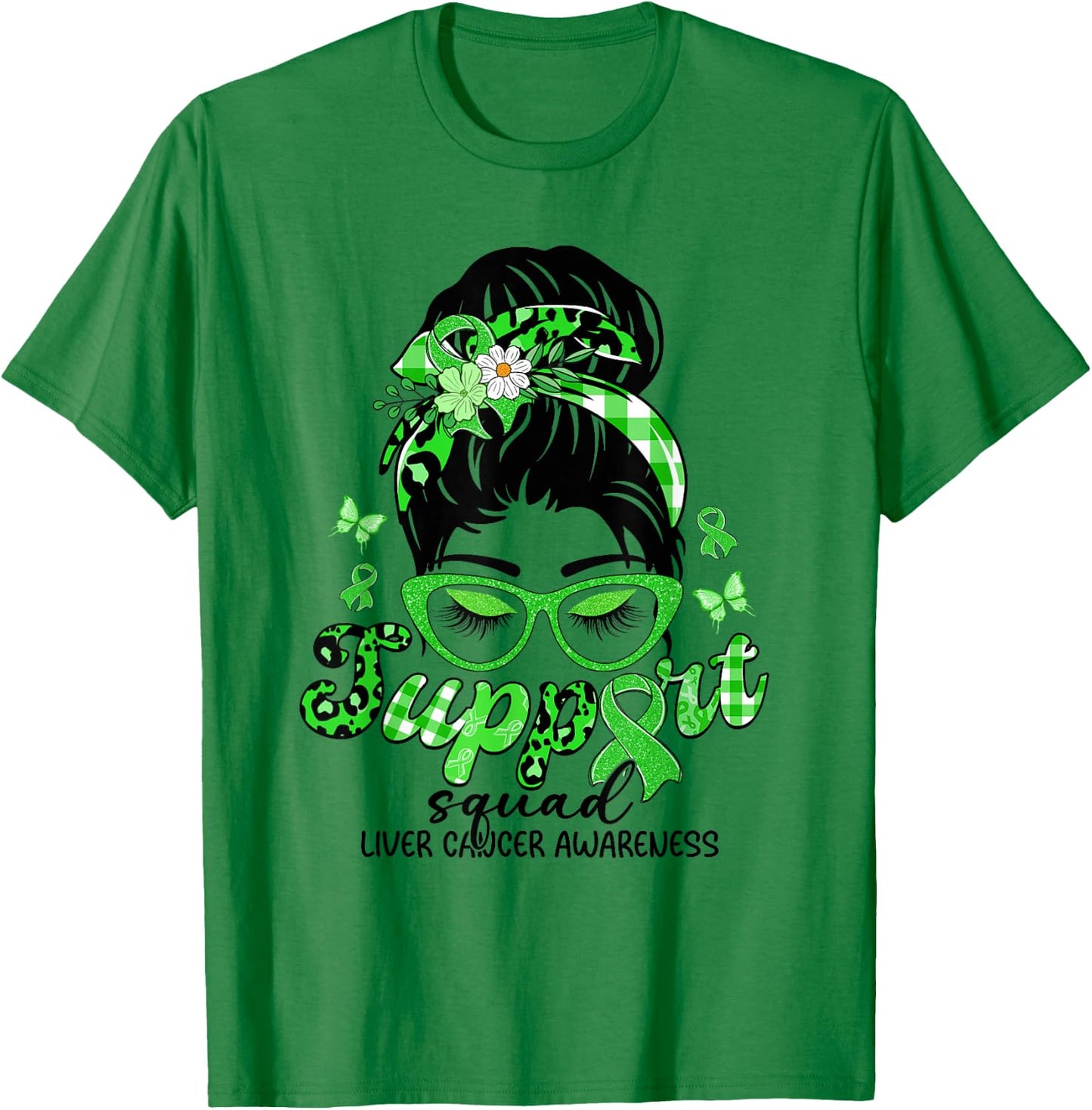 Support Squad Messy Bun Leopard Liver Cancer Awareness T-Shirt - T-Shirt | Irish Green