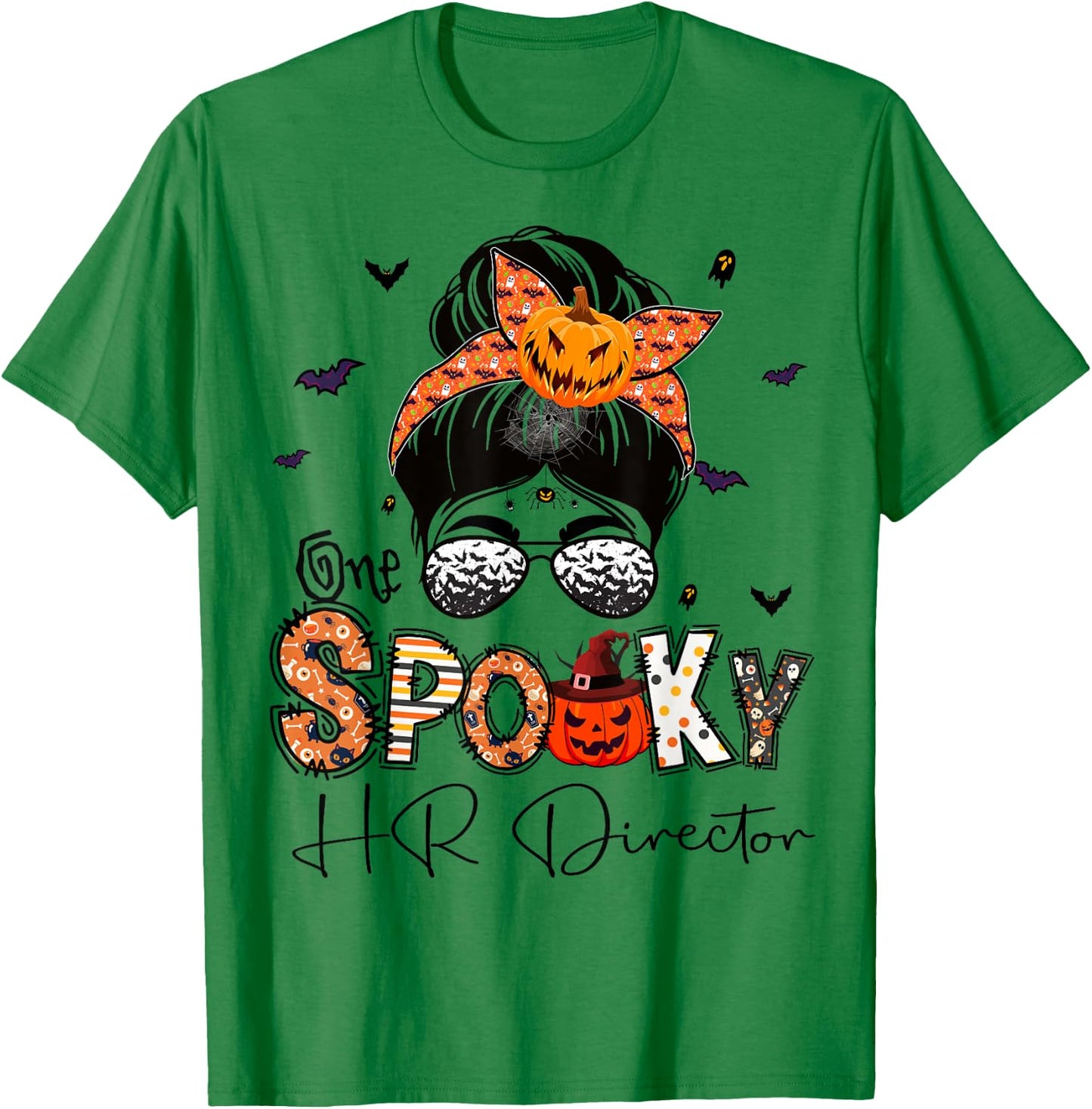 One Spooky HR Director Messy Bun Women Pumpkin Halloween T-Shirt - T-Shirt | Irish Green