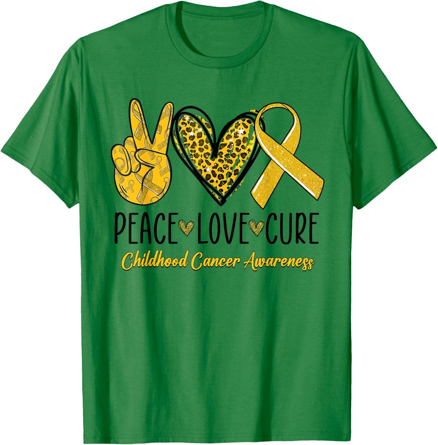 Peace Love Cure Childhood Cancer Awareness Gold Ribbon T-Shirt - T-Shirt | Irish Green