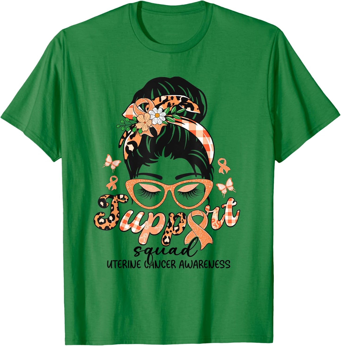 Support Squad Messy Bun Leopard Uterine Cancer Awareness T-Shirt - T-Shirt | Irish Green