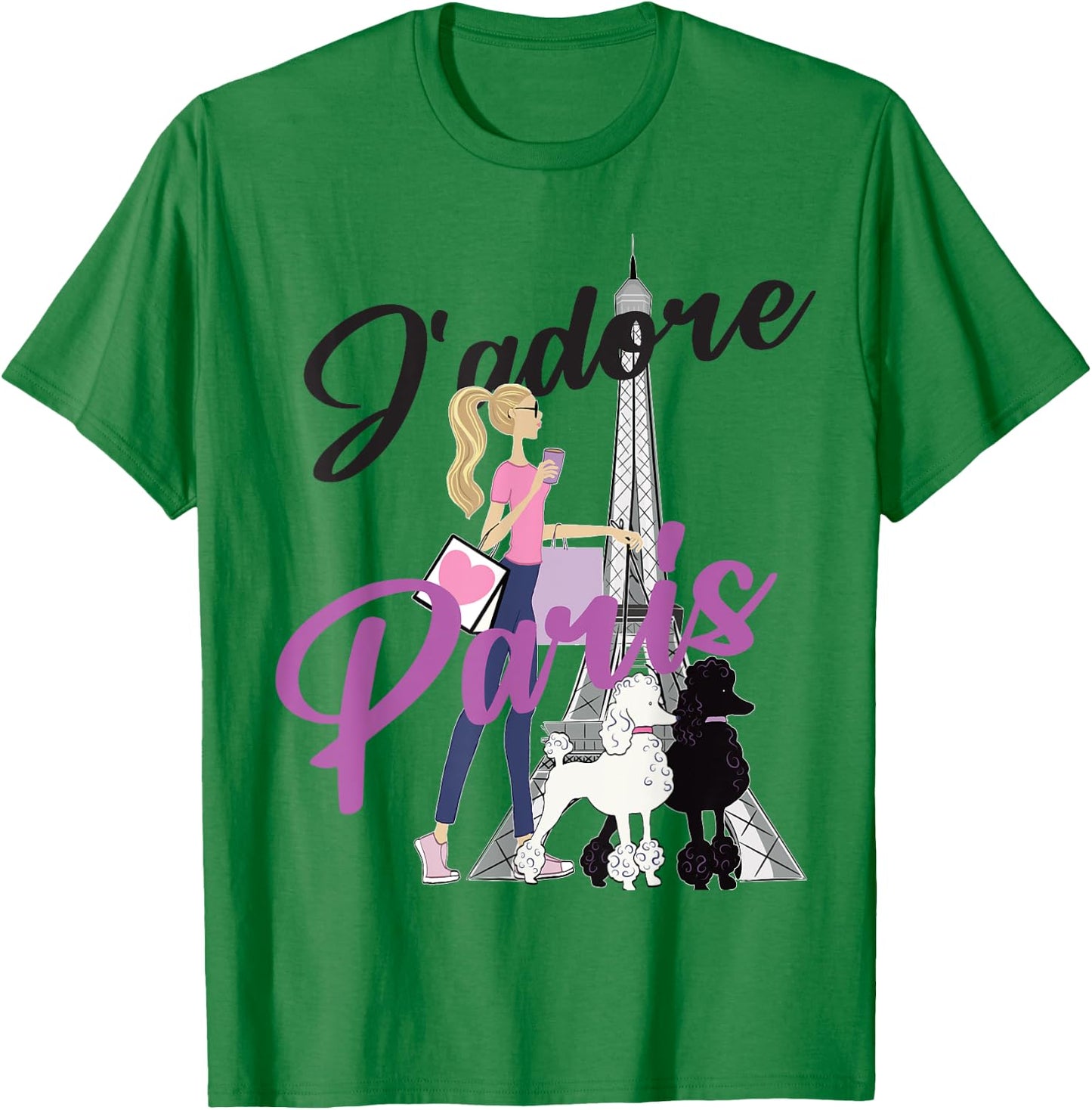 I Love Paris, Woman Walking Poodles By Eiffel Tower T-Shirt - T-Shirt | Irish Green