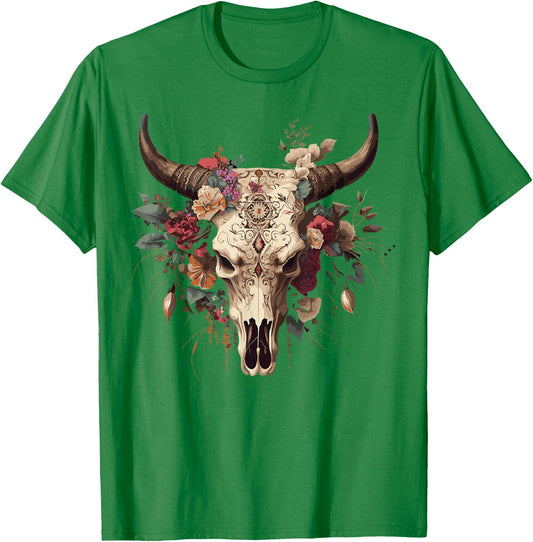 Highland Western Boho Cow Bull Skull Sunflower Cattle Animal T-Shirt - T-Shirt | Irish Green
