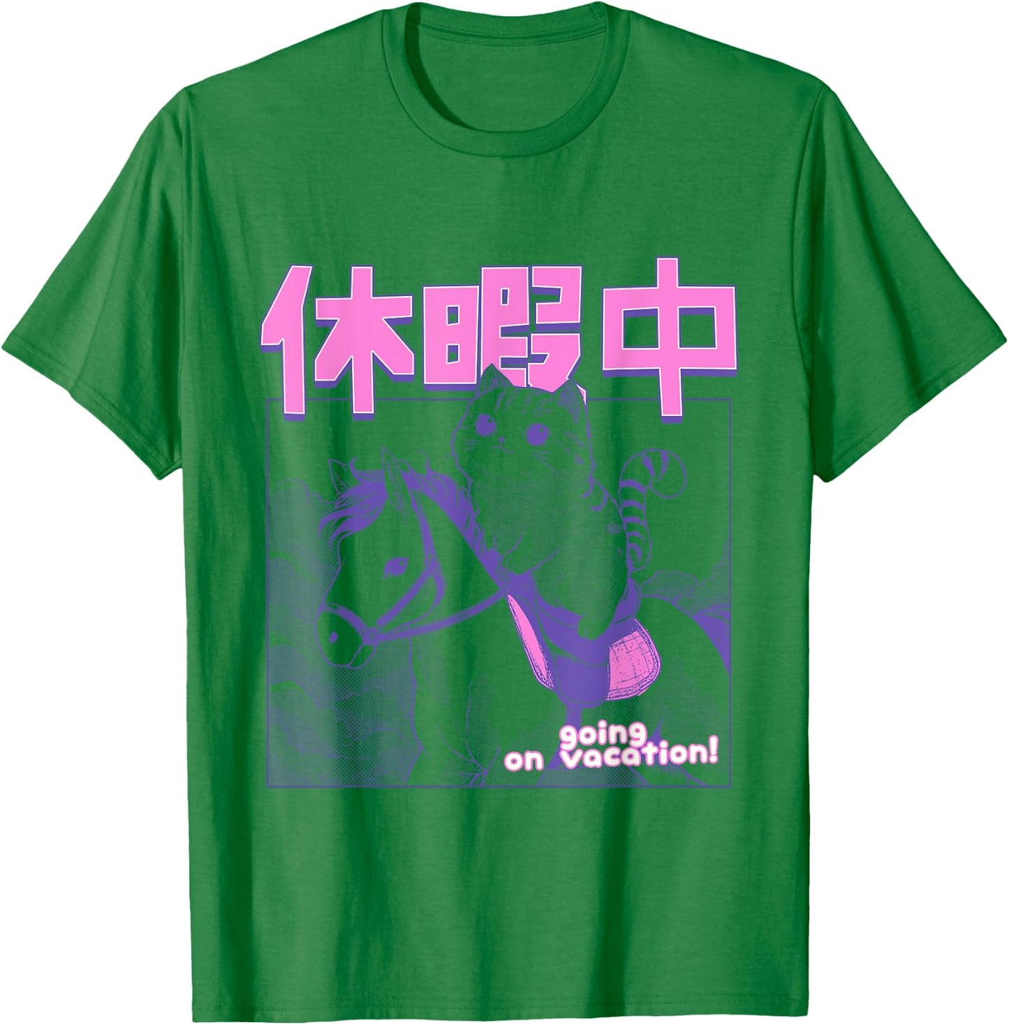 Kawaii Japanese Cat Riding Horse Vacation Anime Cat Lover Men Women Girls Kids T-Shirt - T-Shirt | Irish Green