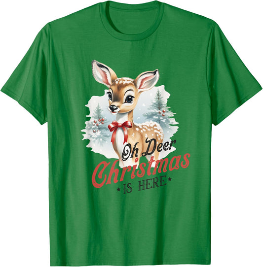 Oh Deer Christmas Is Here Cute Bambi Animal Vintage Winter T-Shirt - T-Shirt | Irish Green