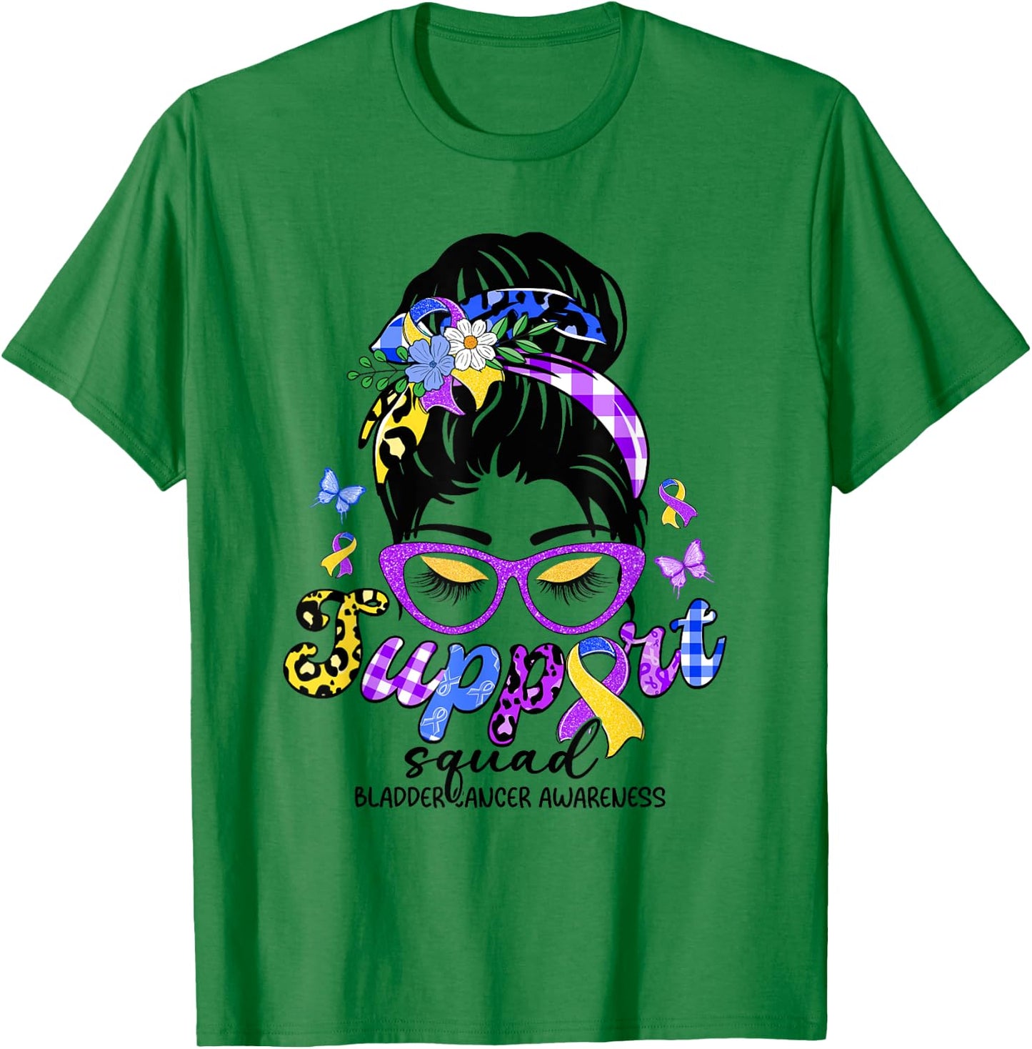Support Squad Messy Bun Leopard Bladder Cancer Awareness T-Shirt - T-Shirt | Irish Green