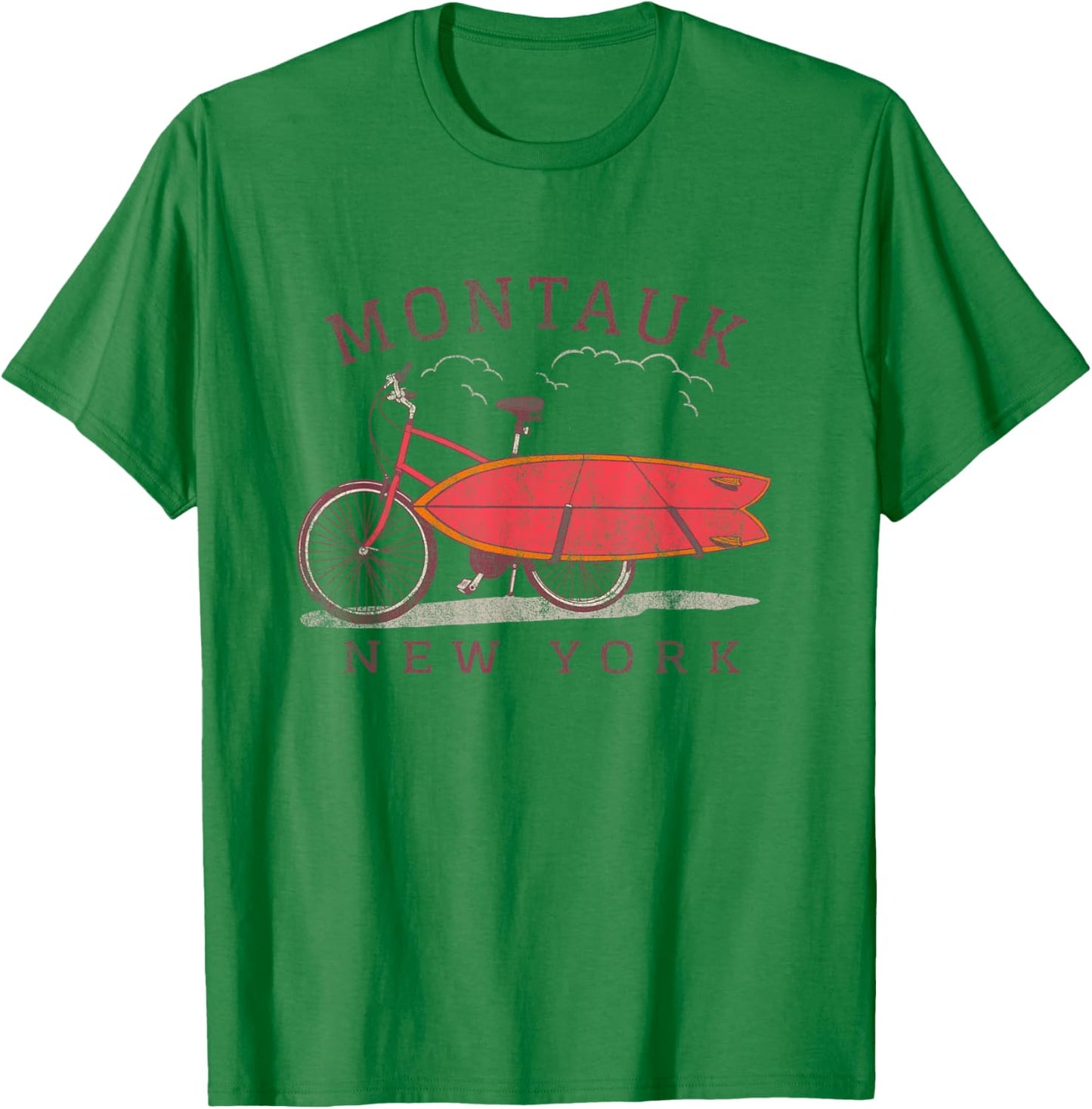 Retro Montauk New York NY Surfing Fan Surfboard Bicycle Art T-Shirt - T-Shirt | Irish Green