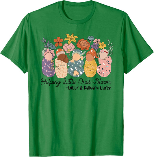 Groovy Helping Little Ones Bloom Labor & Delivery Nurse T-Shirt - T-Shirt | Irish Green