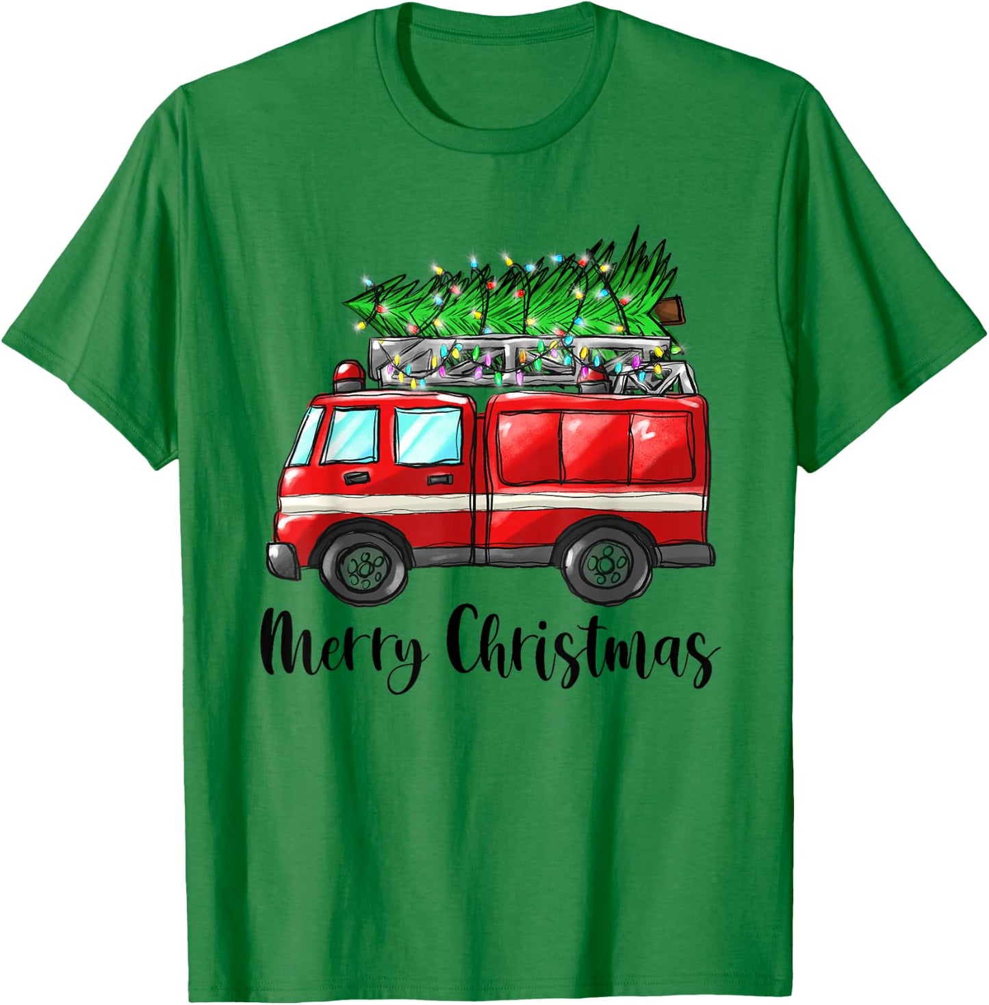 Fire Truck Christmas Tree Light Firefighter Pajama Xmas T-Shirt - T-Shirt | Irish Green