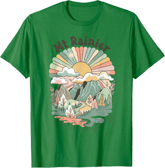 Vintage Mt Rainier Washington Mountains Hiking Sunset Groovy T-Shirt - T-Shirt | Irish Green