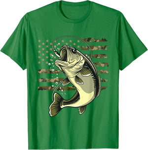 Bass Fish Fishing USA American Flag Camouflage Fisherman T-Shirt - T-Shirt | Irish Green