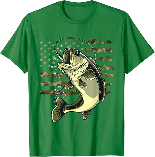 Bass Fish Fishing USA American Flag Camouflage Fisherman T-Shirt - T-Shirt | Irish Green