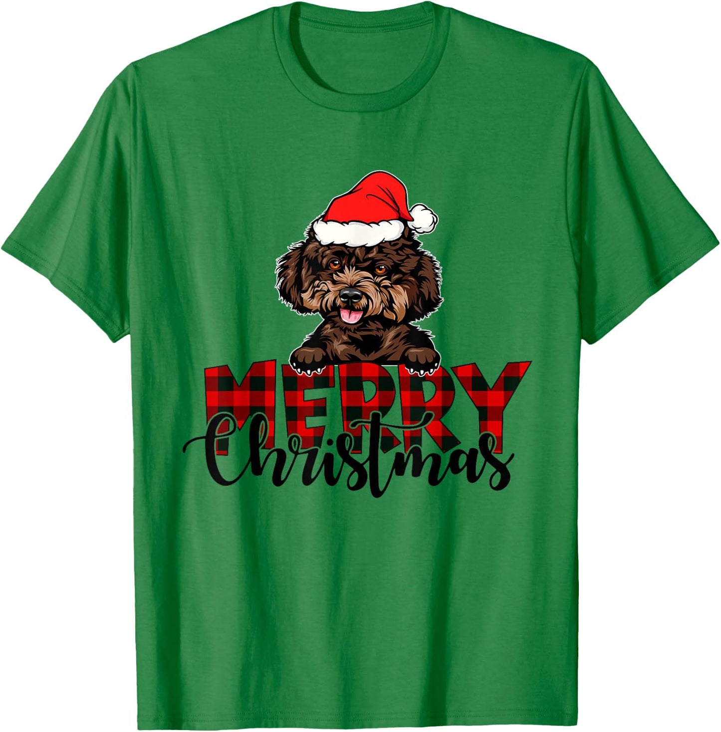 Merry Christmas Poodle Dog Christmas Red Plaid Santa Hat T-Shirt - T-Shirt | Irish Green