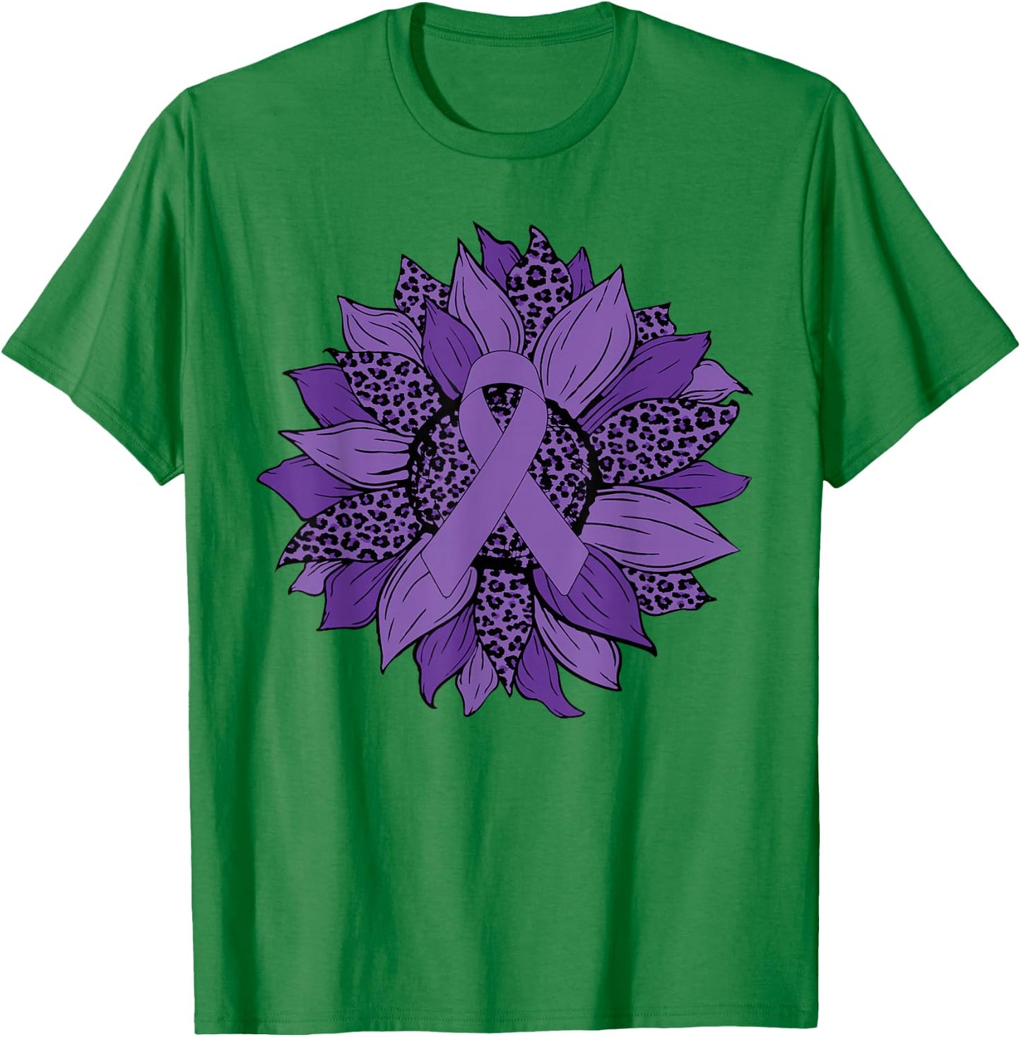 Leopard Sunflower Purple Ribbon Fibromyalgia Awareness Month T-Shirt - T-Shirt | Irish Green