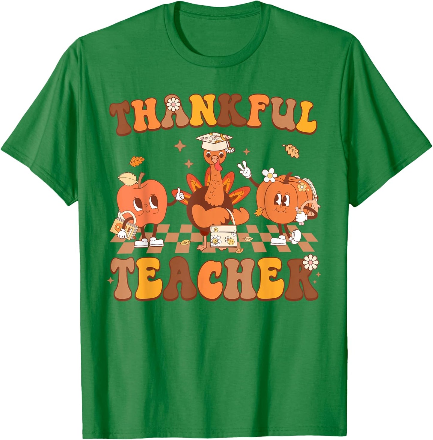 Thankful Teacher Retro Groovy Thanksgiving Fall Women Men T-Shirt - T-Shirt | Irish Green