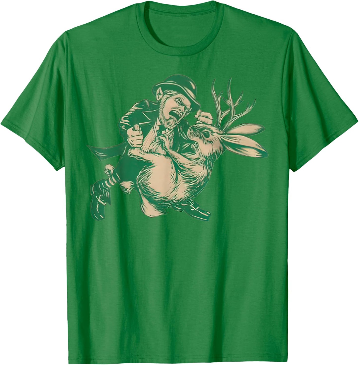 LEPRECHAUN Fighting JACKALOPE Funny Mythological Beasts T-Shirt - T-Shirt | Irish Green