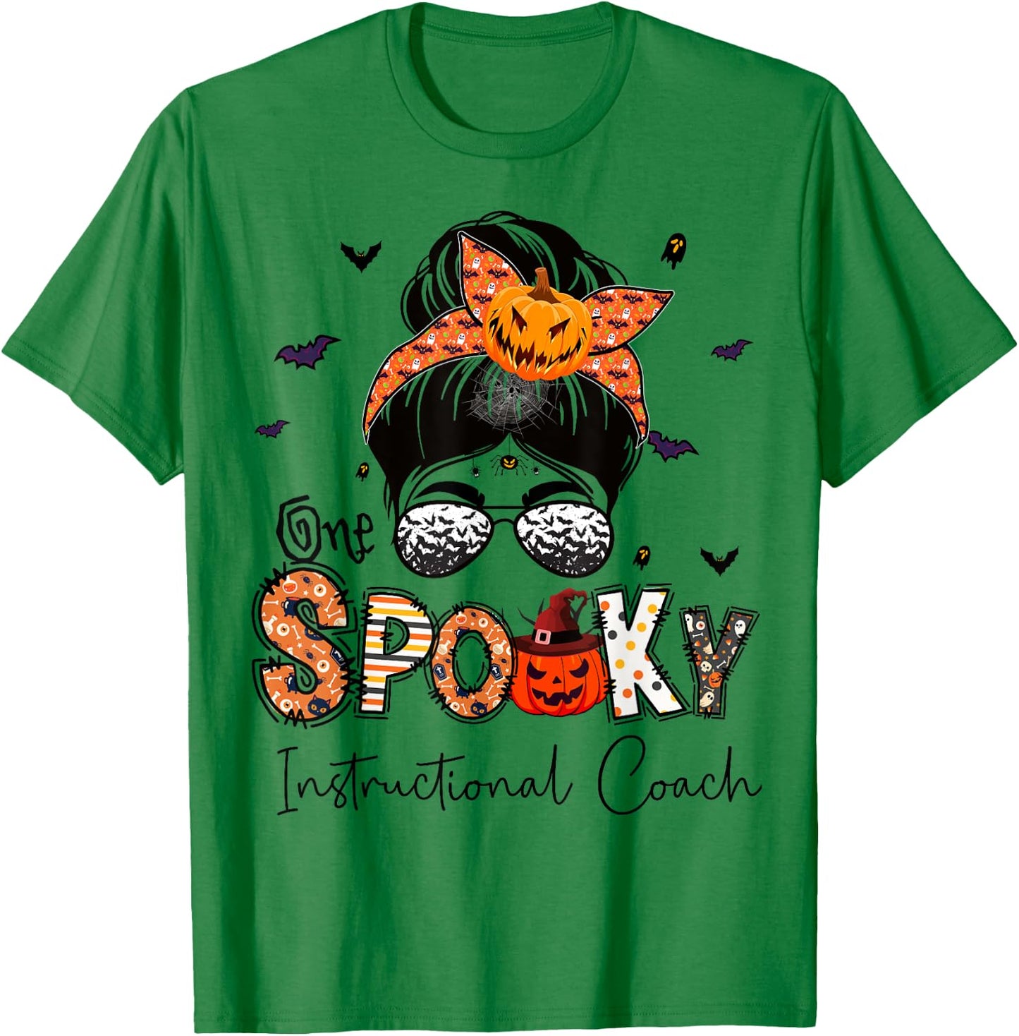 One Spooky Instructional Coach Messy Bun Women Halloween T-Shirt - T-Shirt | Irish Green