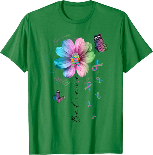 Believe Green Teal Pink Ribbon Cosmos Flower Butterfly MBC T-Shirt - T-Shirt | Irish Green
