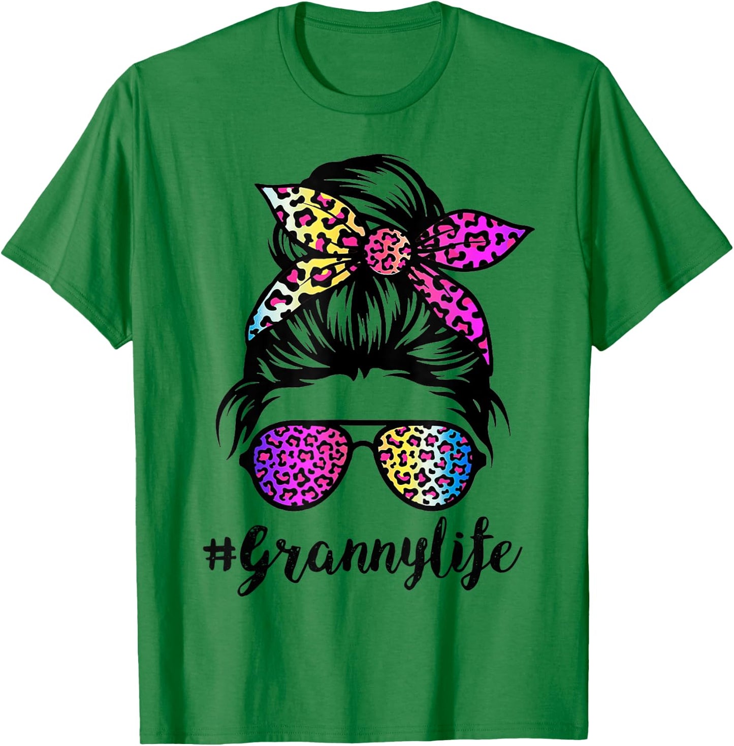 Granny life with Rainbow Leopard Messy Bun Mother's Day T-Shirt - T-Shirt | Irish Green