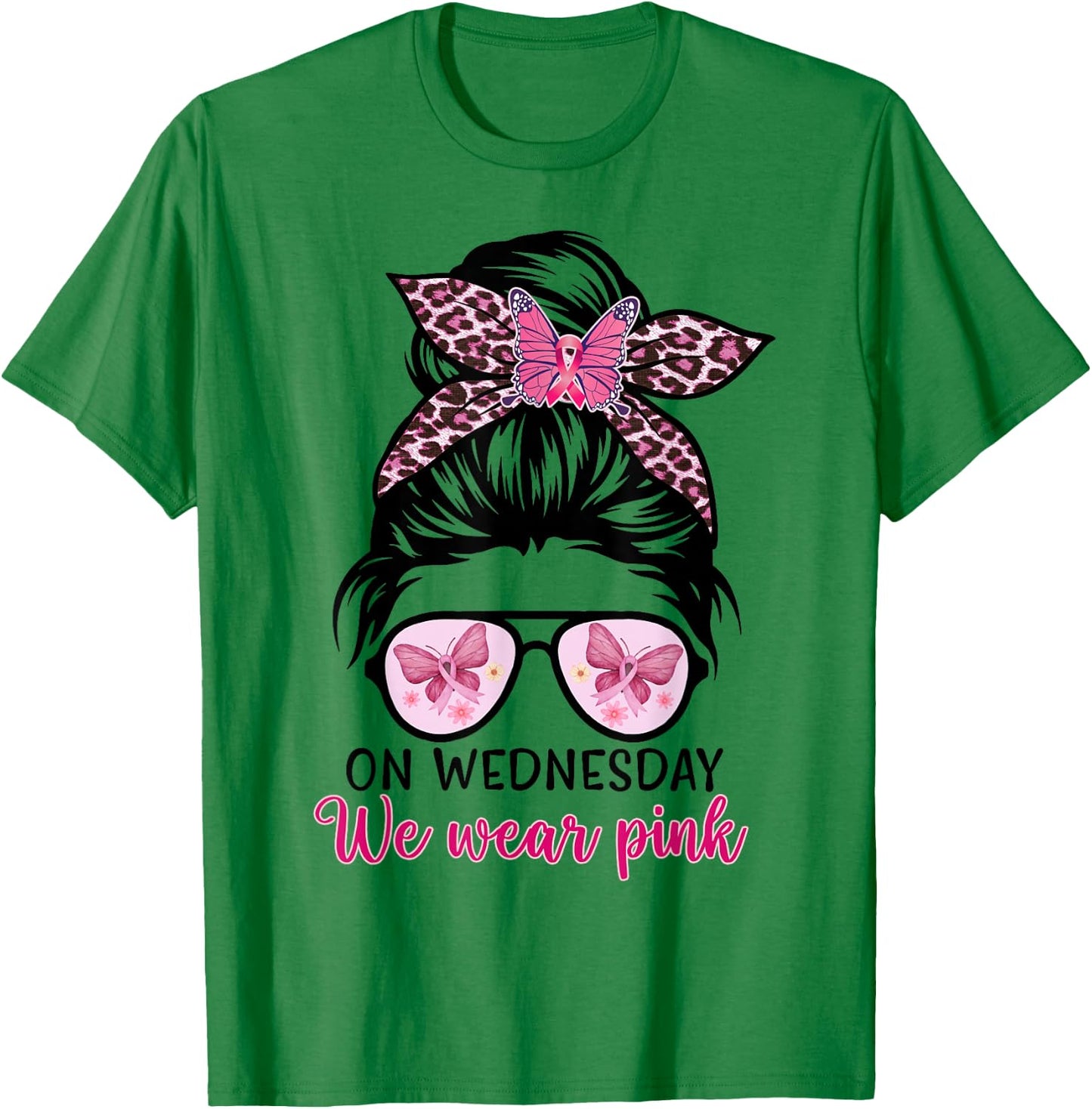 On Wednesday We Wear Pink Messy Bun, Leopard Breast Cancer T-Shirt - T-Shirt | Irish Green