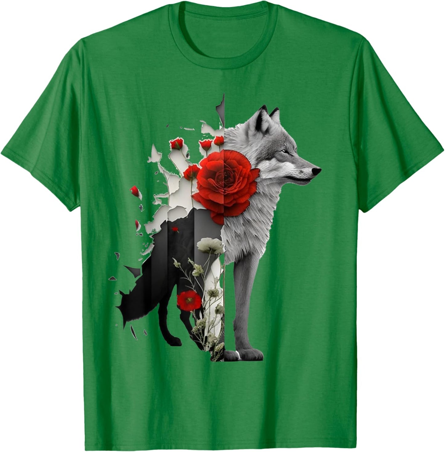 Wolf Rose Flower Animal Motif Art Animal Print Art T-Shirt - T-Shirt | Irish Green