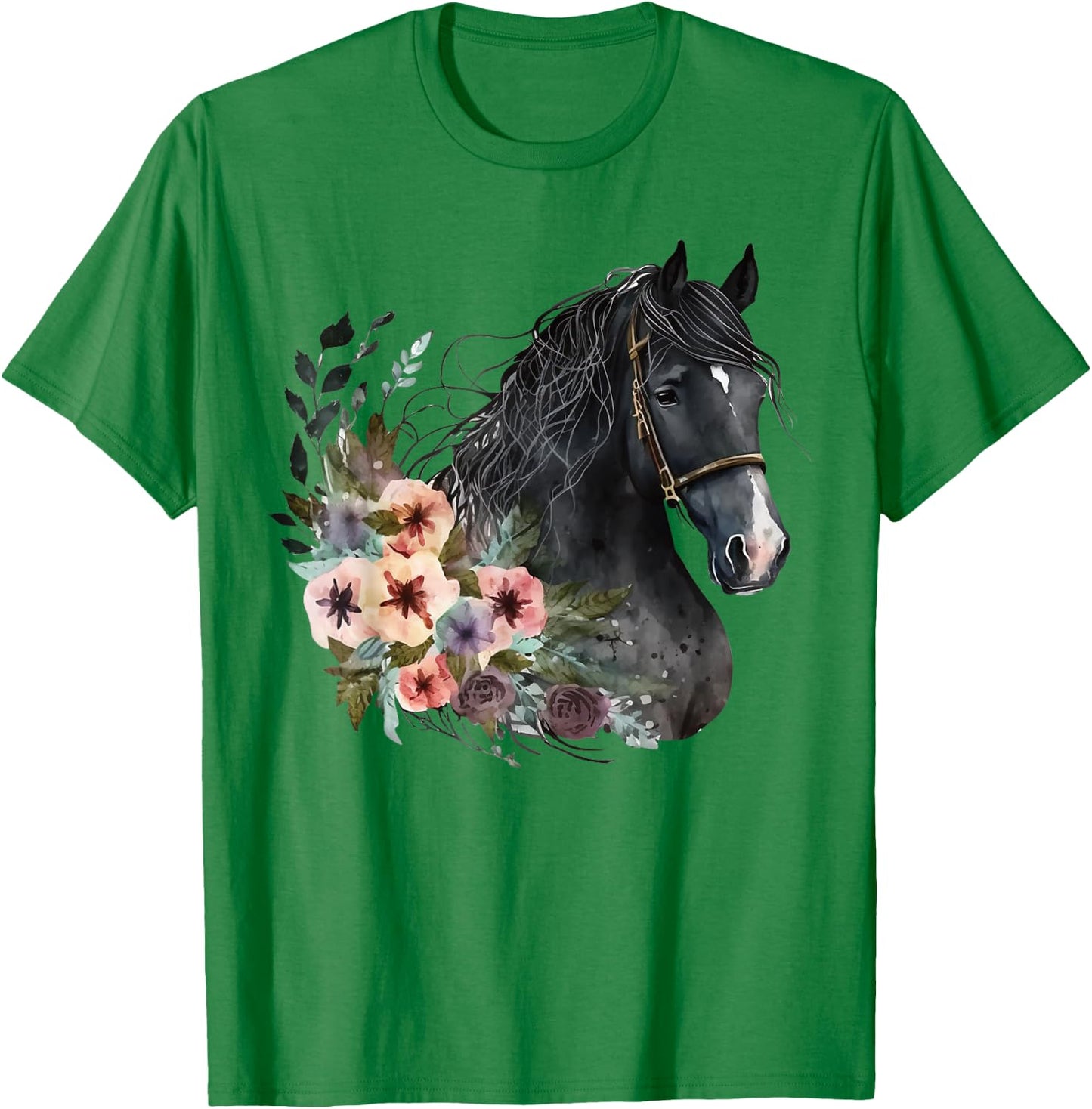 Horse Head Watercolor Equestrian Horse With Flowers T-Shirt - T-Shirt | Irish Green