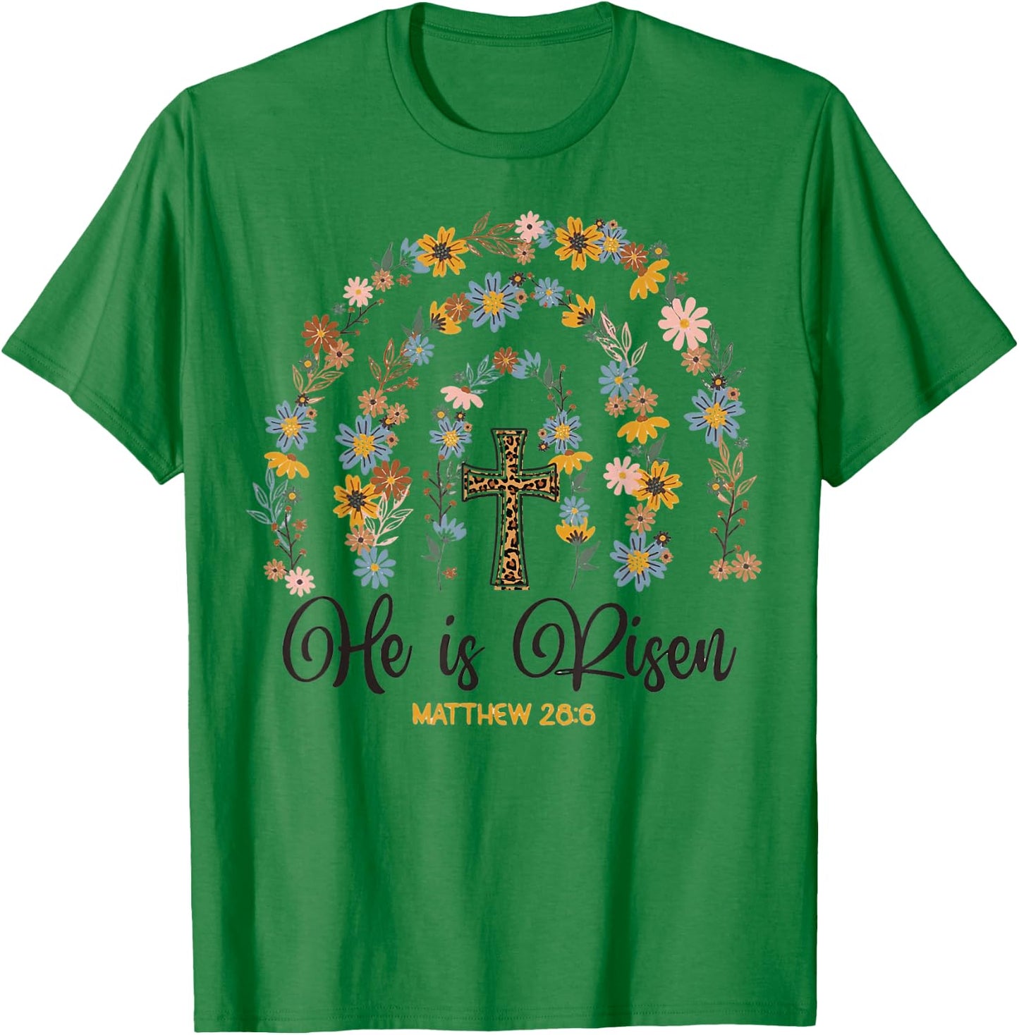 He is Risen Jesus Christian Happy Easter Day Floral Rainbow T-Shirt - T-Shirt | Irish Green