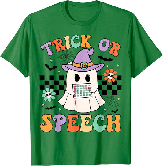 Trick or Speech Retro SLP Halloween Speech Therapy Halloween T-Shirt - T-Shirt | Irish Green