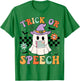Trick or Speech Retro SLP Halloween Speech Therapy Halloween T-Shirt - T-Shirt | Irish Green