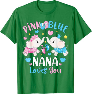 Pink or Blue Nana Loves You Gender Reveal Elephant T-Shirt - T-Shirt | Irish Green