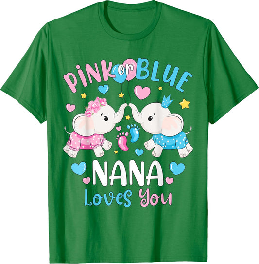 Pink or Blue Nana Loves You Gender Reveal Elephant T-Shirt - T-Shirt | Irish Green