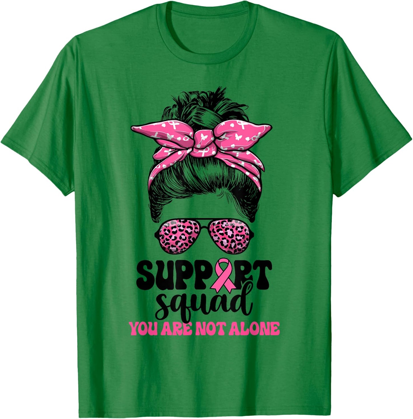 Support Squad Messy Bun Pink Warrior Breast Cancer Awareness T-Shirt - T-Shirt | Irish Green