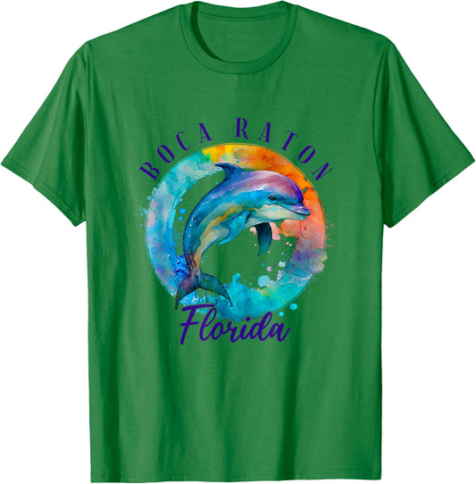 Boca Raton Florida Happy Watercolor Dolphin T-Shirt - T-Shirt | Irish Green