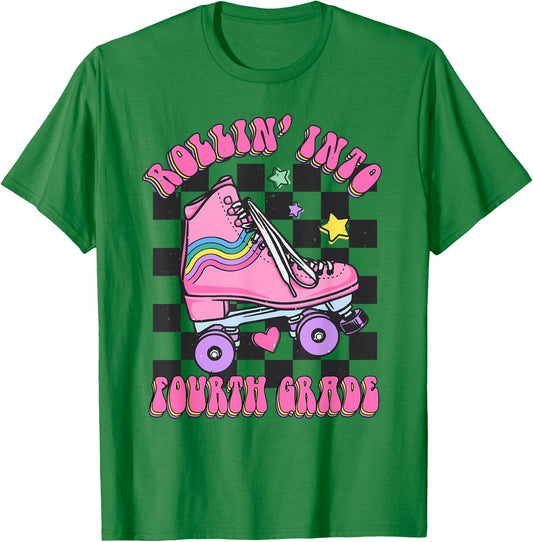 Kids Back To School Skating Rollin Into Fourth 4th Grade T-Shirt - T-Shirt | Irish Green