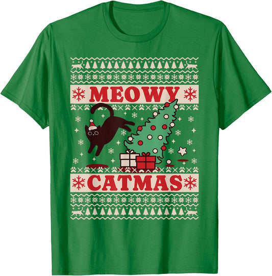Meowy Catmas, Ugly Christmas Sweater, Cat Christmas T-Shirt - T-Shirt | Irish Green