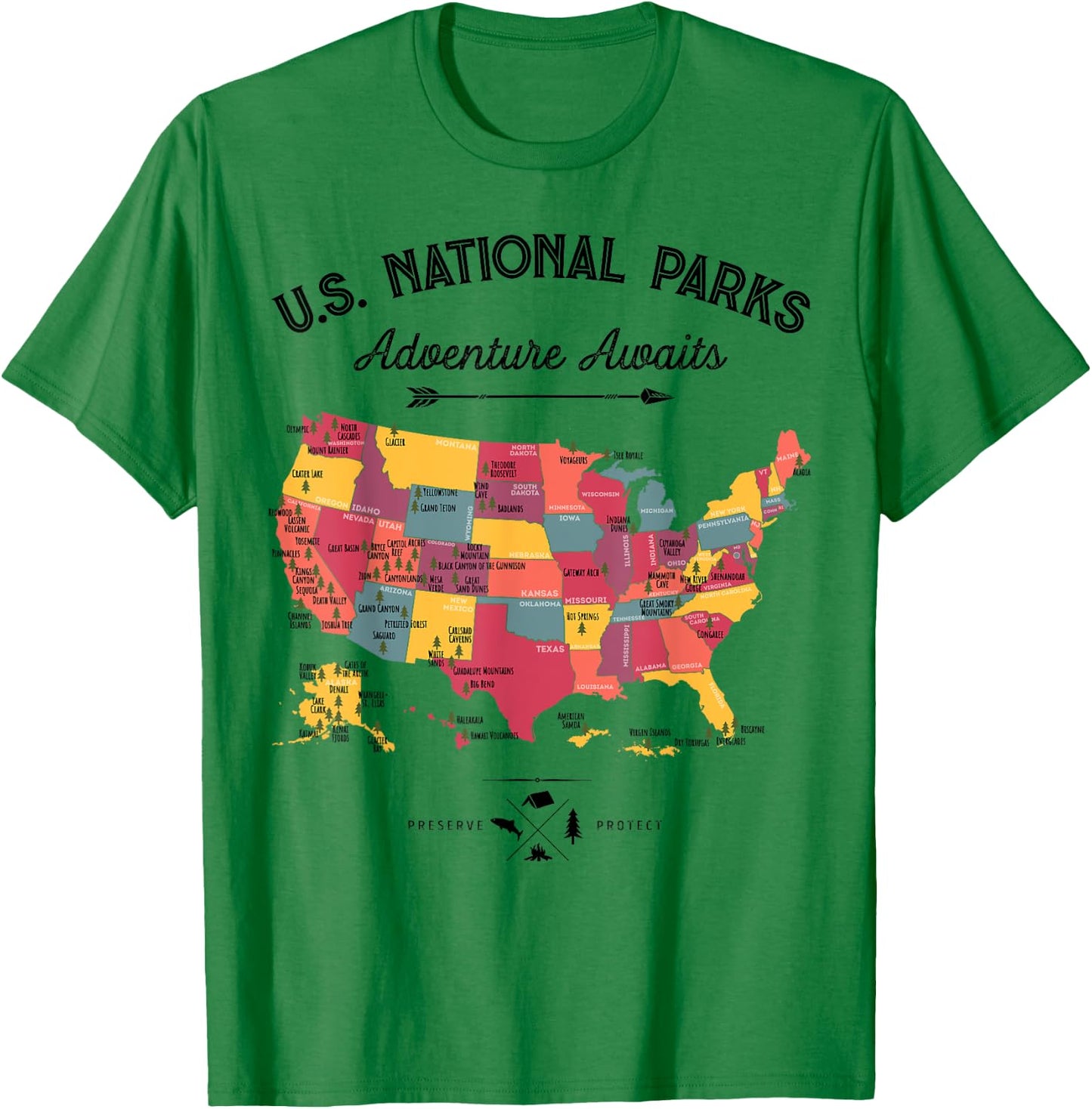 63 National Parks Map US Park Retro Vintage Camping Hiking T-Shirt - T-Shirt | Irish Green