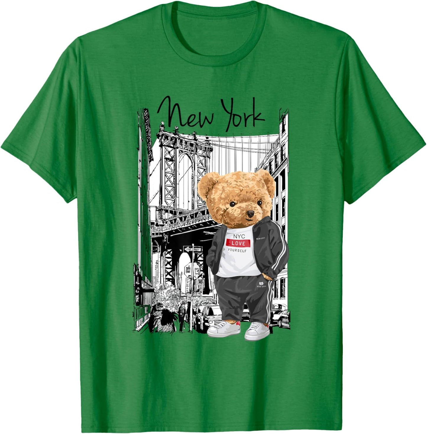 Bahaa's -Kids Grey Cartoon Teddy Bear NYC Graphic T-Shirt - T-Shirt | Irish Green