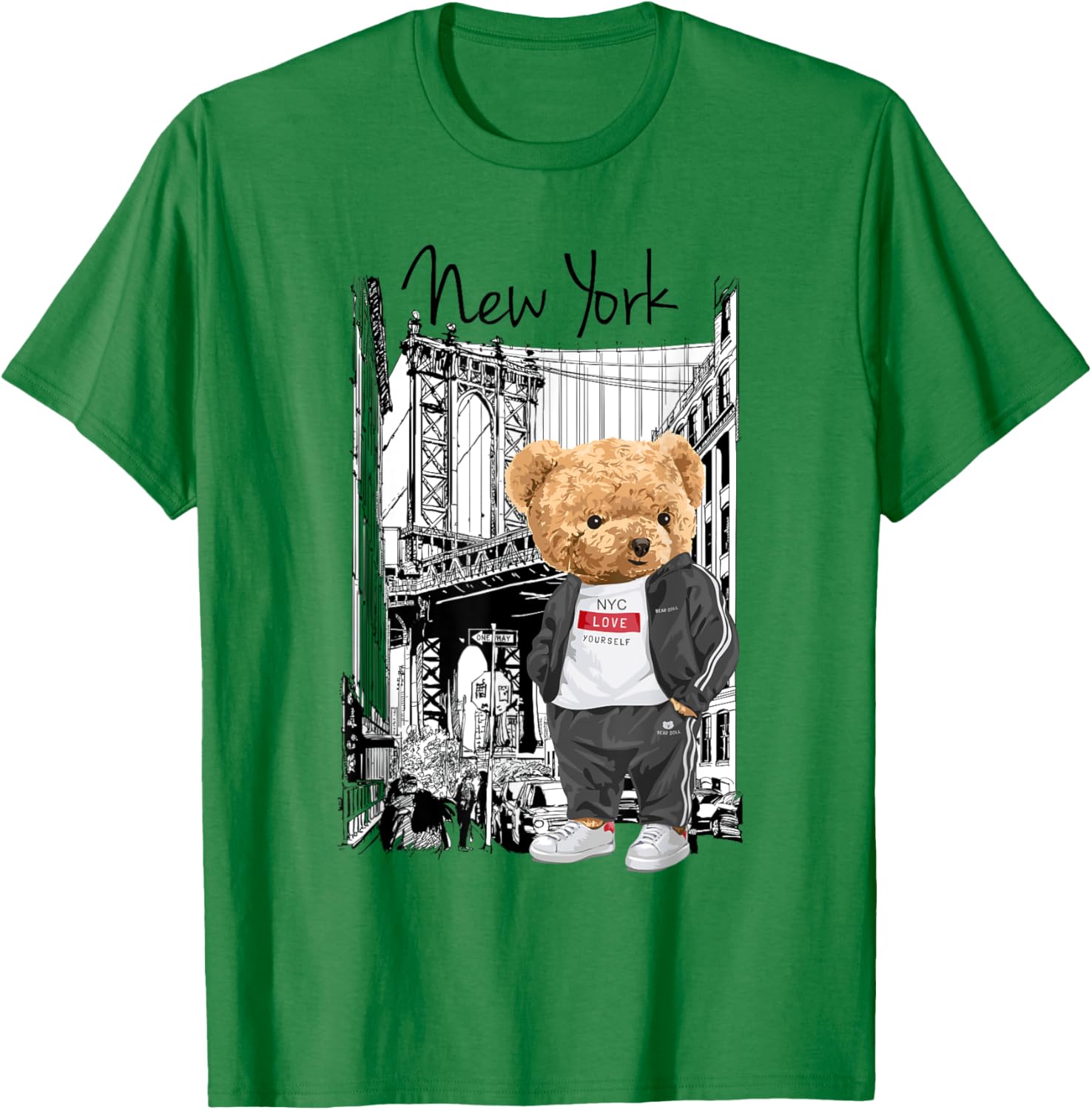Bahaa's -Kids Grey Cartoon Teddy Bear NYC Graphic T-Shirt - T-Shirt | Irish Green