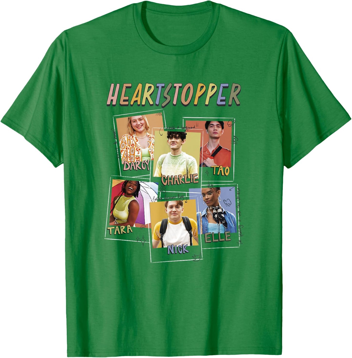 Heartstopper Doodle Polaroids Main Characters Group Shot T-Shirt - T-Shirt | Irish Green