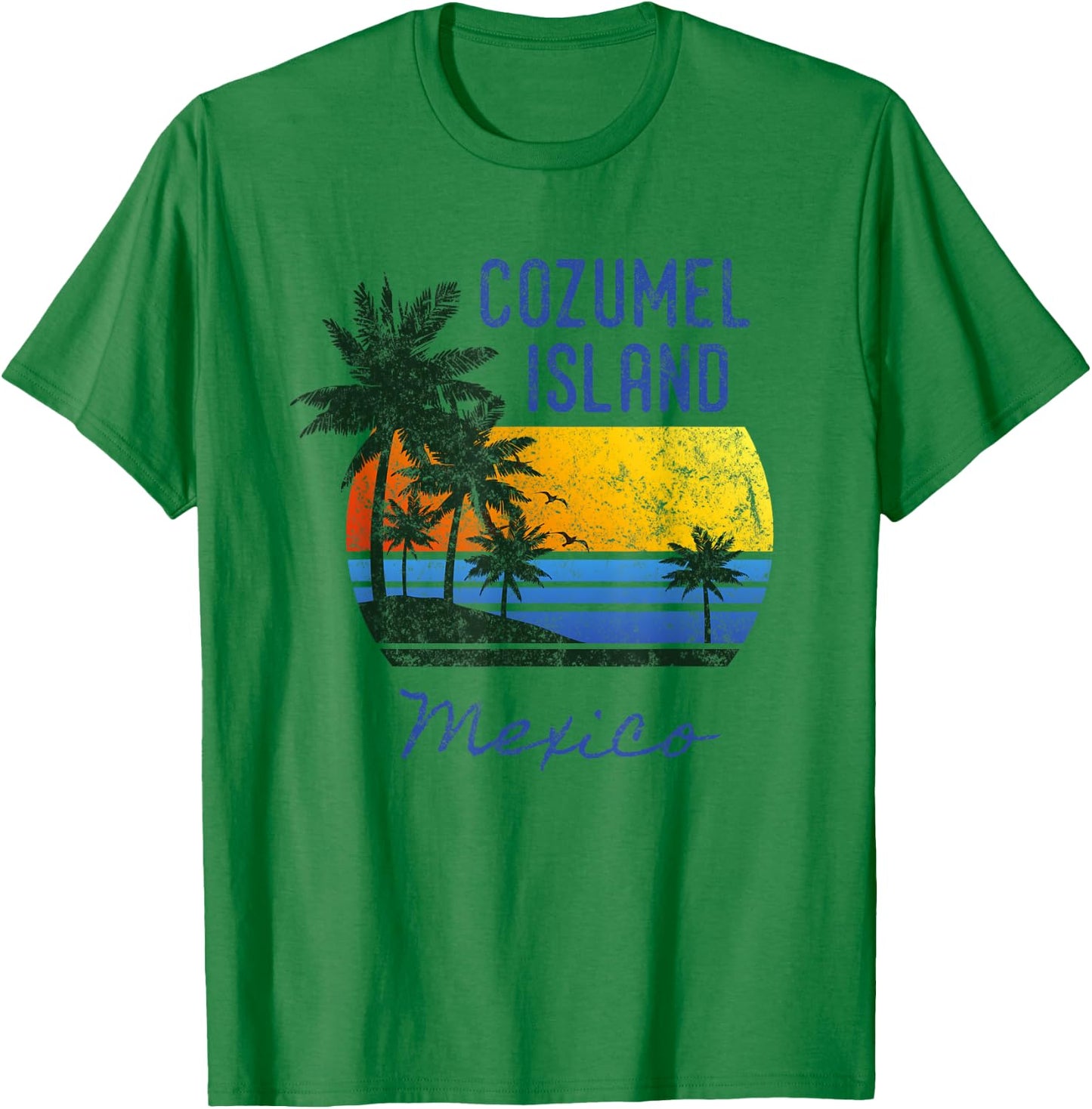 Fun Cozumel Island Mexico Beach Sunset Distressed Novelty Men Women Kids T-Shirt - T-Shirt | Irish Green