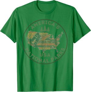 National Parks Map Hiking Travel Camping Outdoors Retro USA T-Shirt - T-Shirt | Irish Green