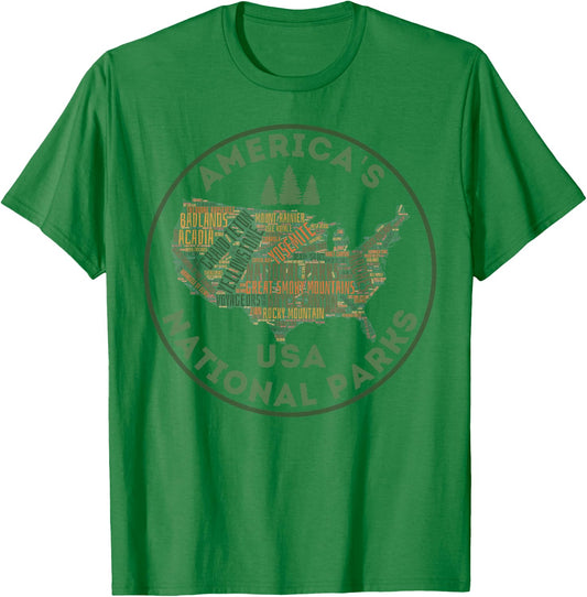 National Parks Map Hiking Travel Camping Outdoors Retro USA T-Shirt - T-Shirt | Irish Green