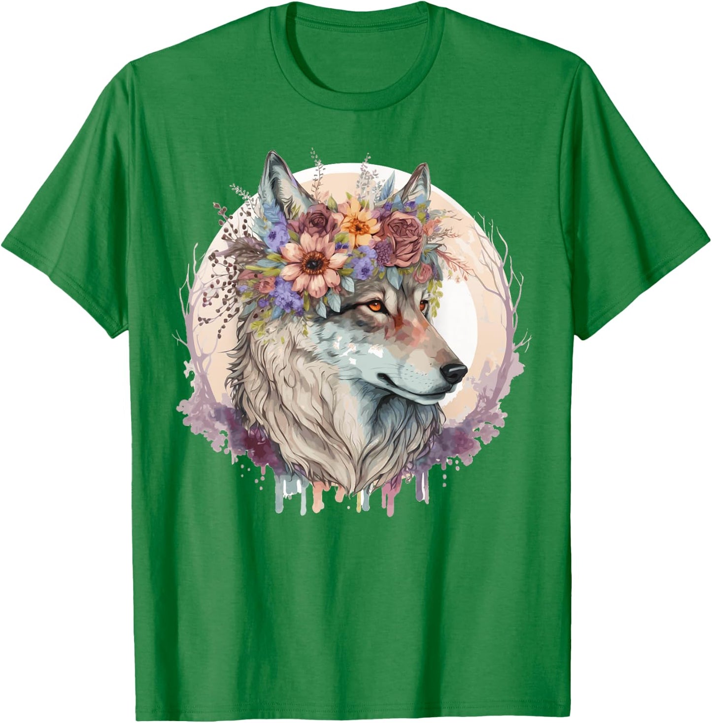 Cute Wolf Flower Crown Boho Aesthetic Animal Lovers T-Shirt - T-Shirt | Irish Green