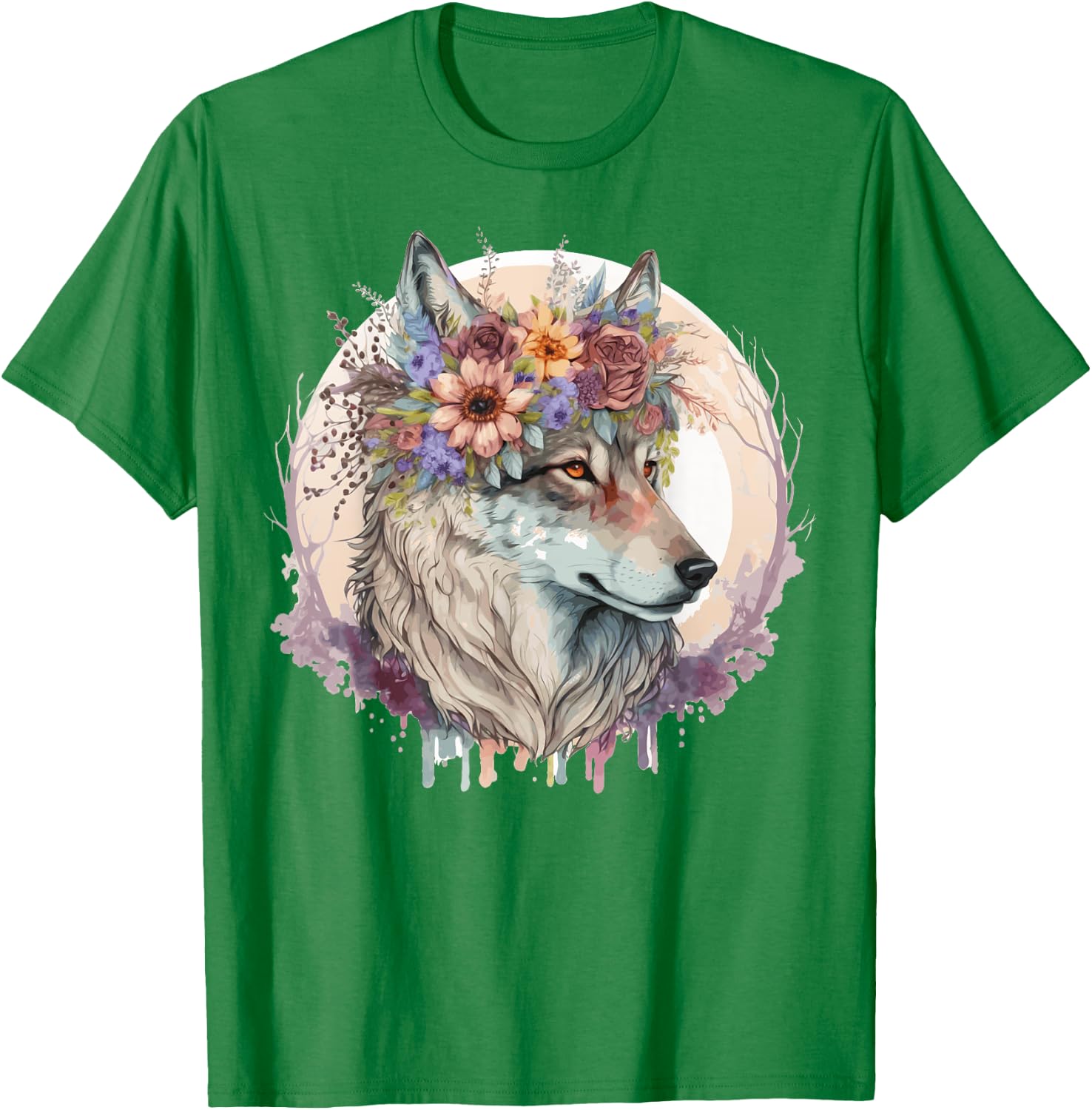 Cute Wolf Flower Crown Boho Aesthetic Animal Lovers T-Shirt - T-Shirt | Irish Green