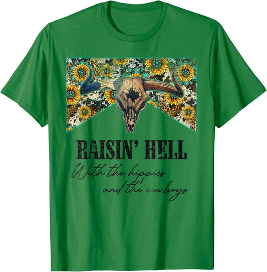Raising Hell With The Hippies And Cowboys Country Music T-Shirt - T-Shirt | Irish Green