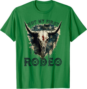 Patriotic Longhorn Skull, Not My First Rodeo Cowgirl T-Shirt - T-Shirt | Irish Green