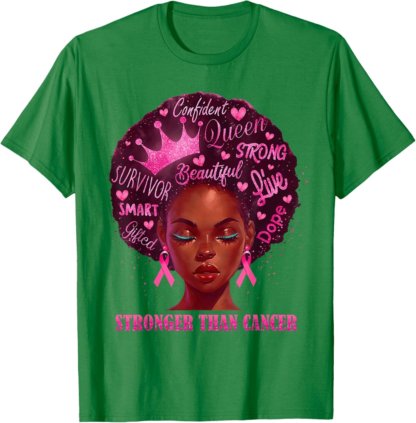 Black Women Queen Stronger Than Breast Cancer Pink Ribbon T-Shirt - T-Shirt | Irish Green